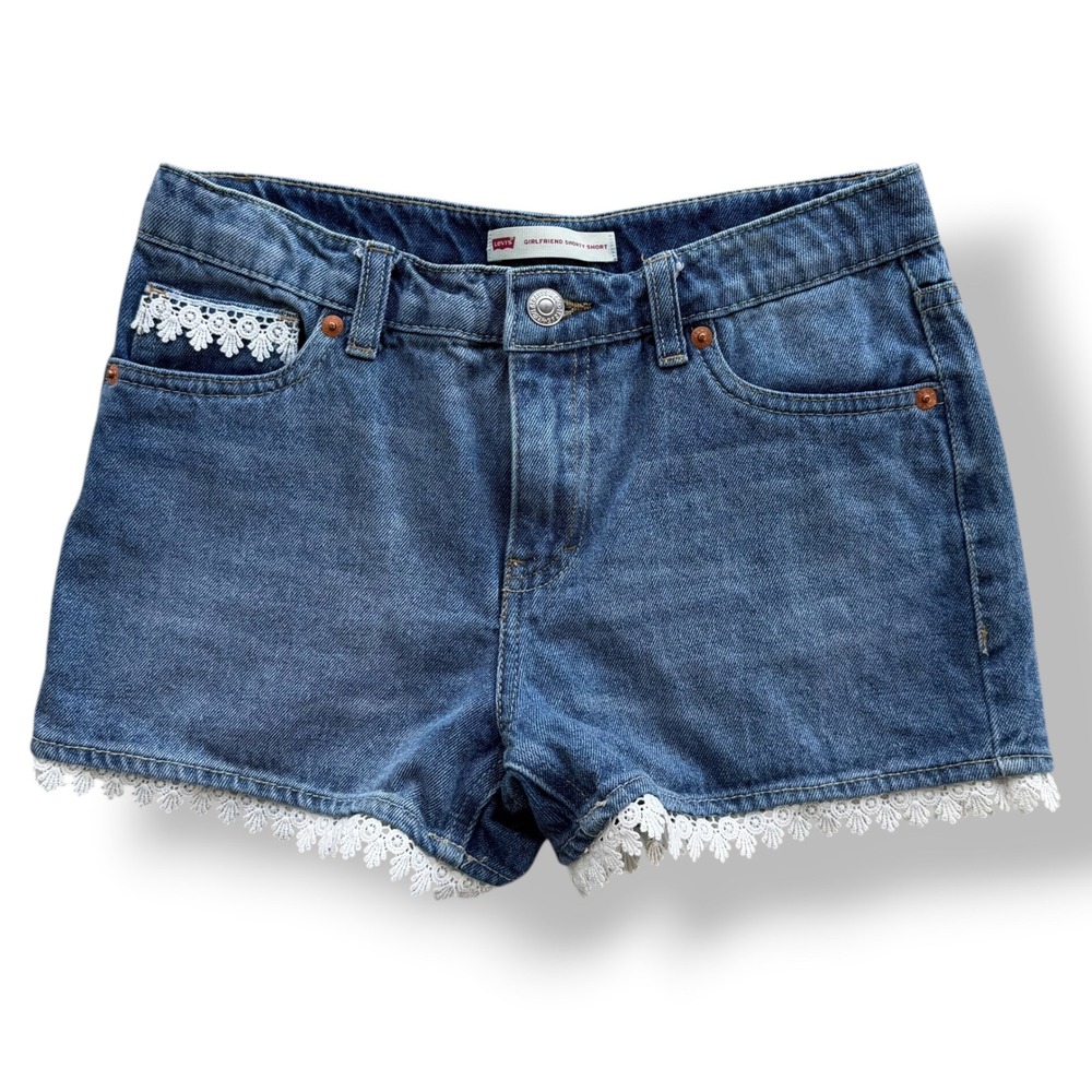 Levis Girls Sz 14 Blue Medium Wash Denim Girlfriend Shorty Shorts Lace Trim Boho